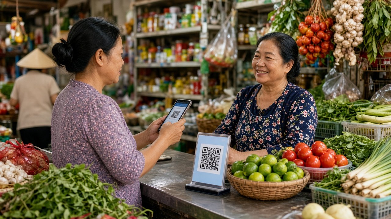 Khách quét mã QR thanh toán tại sạp hàng