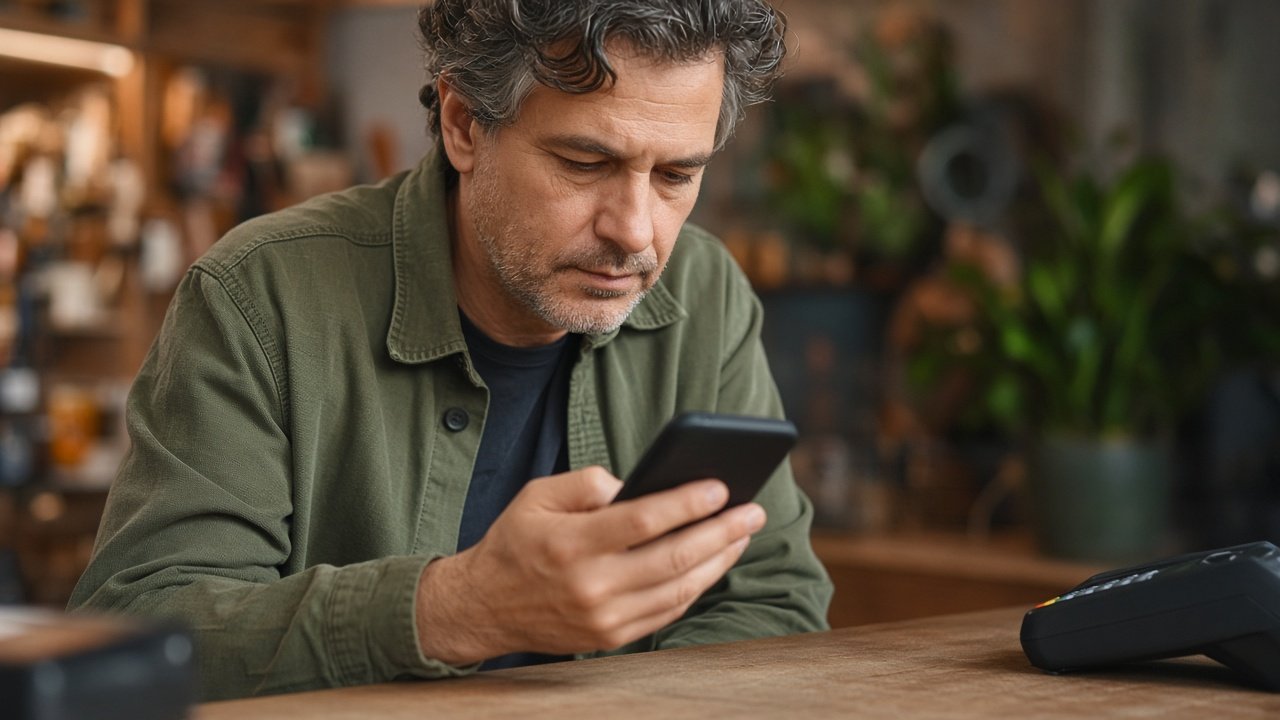 Chủ shop kiểm tra kỹ thông báo trên app ngân hàng tại quầy