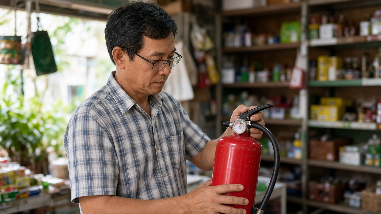 Chủ cửa hàng kiểm tra thiết bị phòng cháy chữa cháy