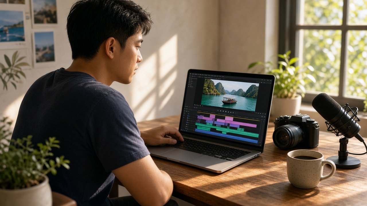 Một buổi sáng làm việc của content creator: dựng video bên ly cà phê