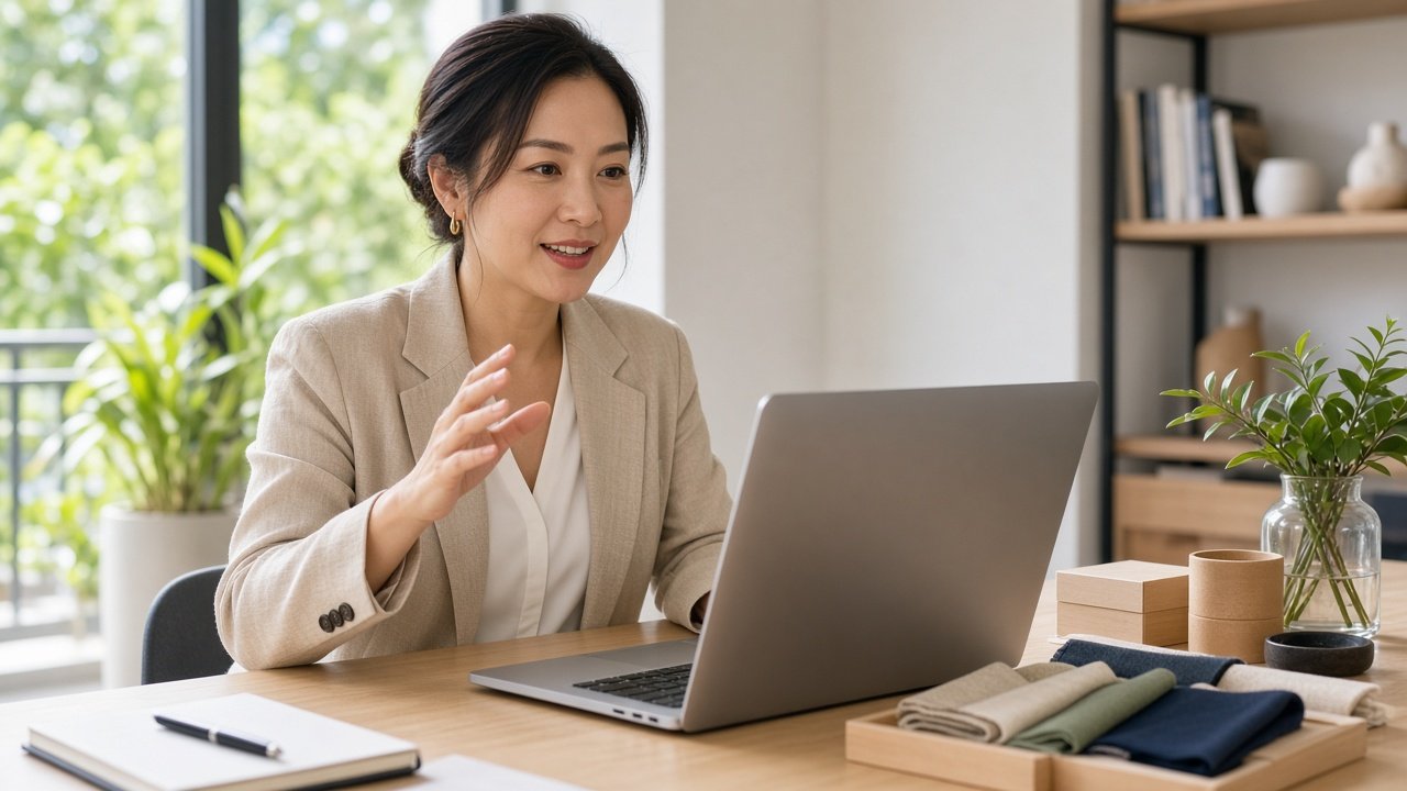 Chủ doanh nghiệp đàm phán trực tuyến với nhà cung cấp nước ngoài