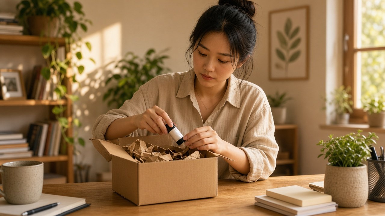 Chủ shop mở và kiểm tra hàng mẫu đặt từ Alibaba