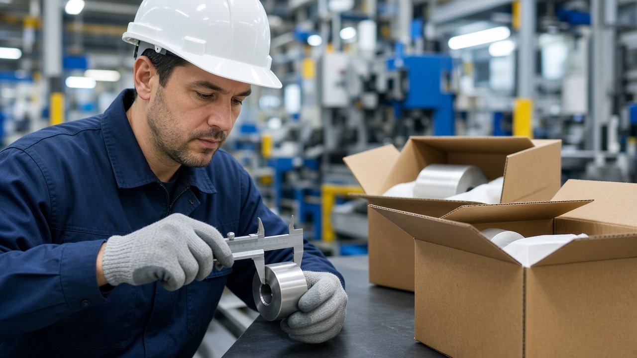 Nhân viên QC đo kiểm sản phẩm tại nhà máy trước khi xuất hàng