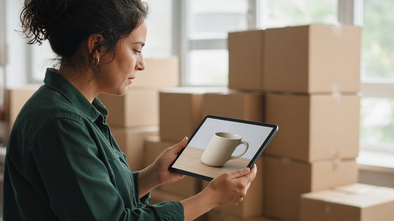 Chủ shop duyệt ảnh kiểm hàng từ nhà máy trước khi giao