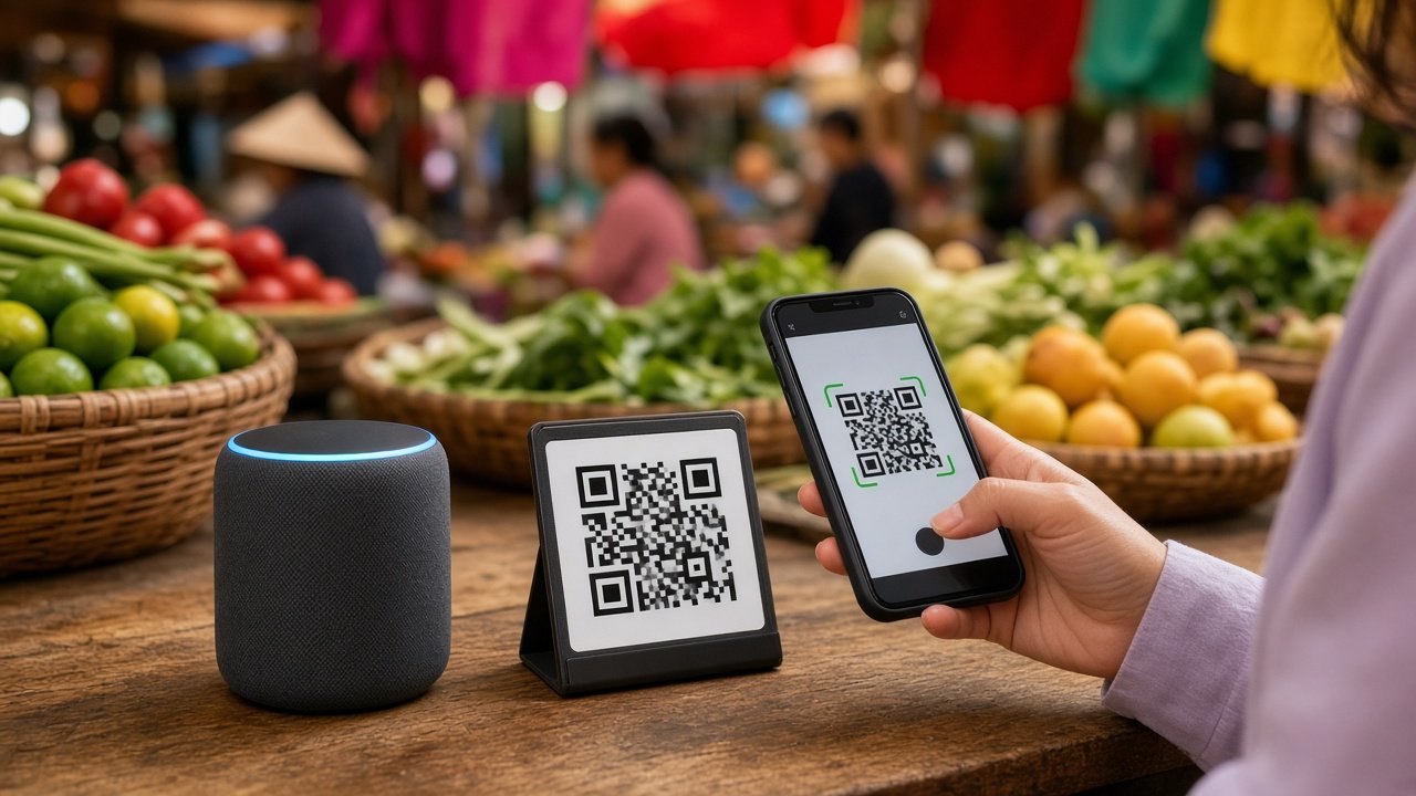 Loa báo tiền đặt cạnh mã QR tại sạp chợ