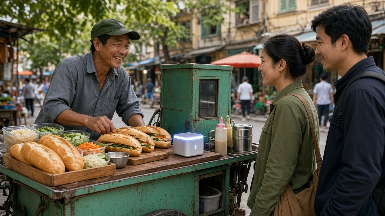 Người bán bánh mì dùng loa báo tiền khi khách chuyển khoản