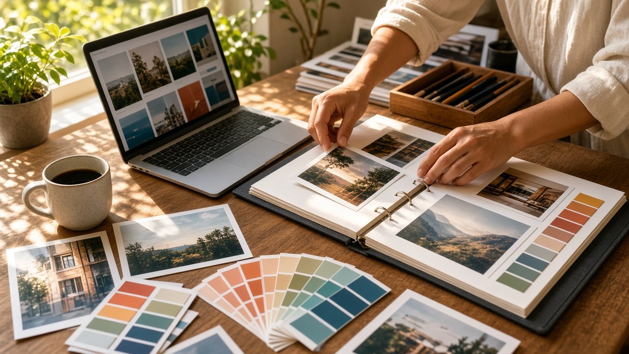 Sắp xếp ảnh và bảng màu để hoàn thiện media kit trong một buổi chiều