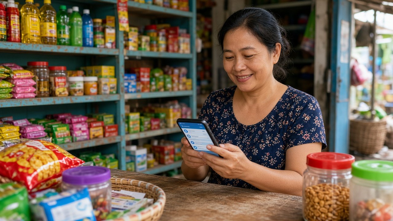 Chủ tiệm tạp hóa dùng ngân hàng số trên điện thoại