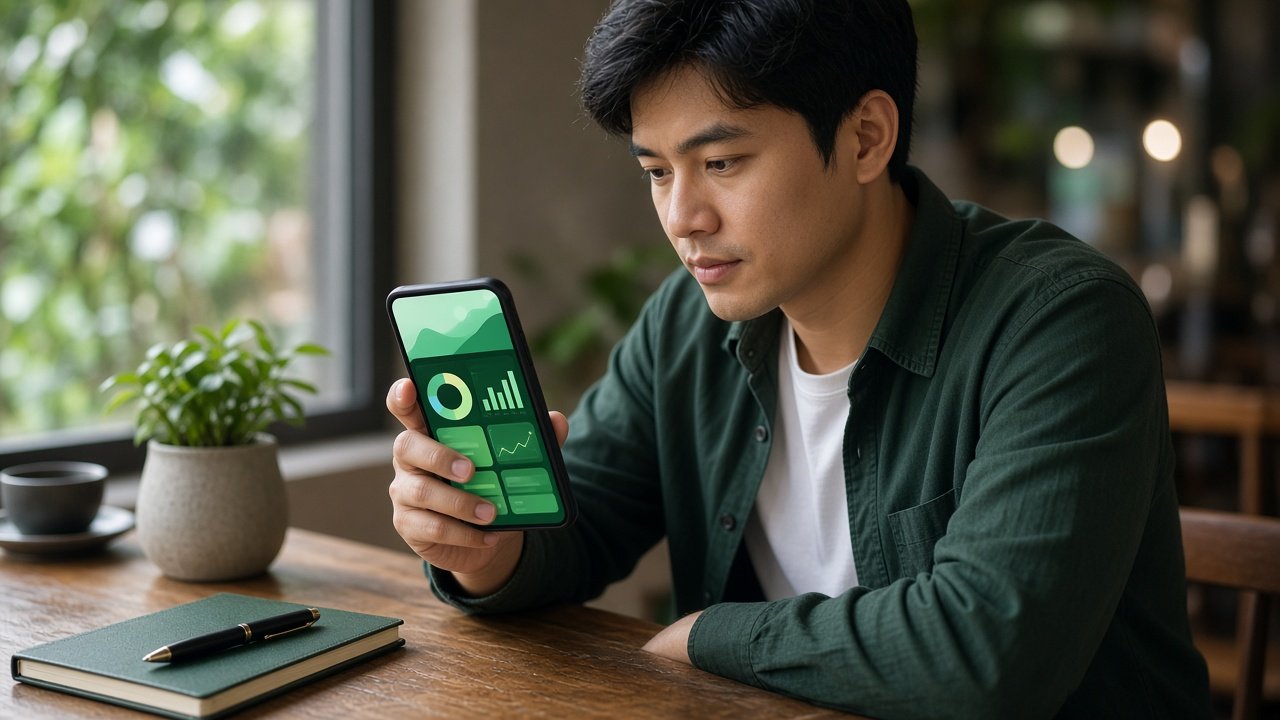 Người kinh doanh xem ứng dụng ngân hàng số trên điện thoại