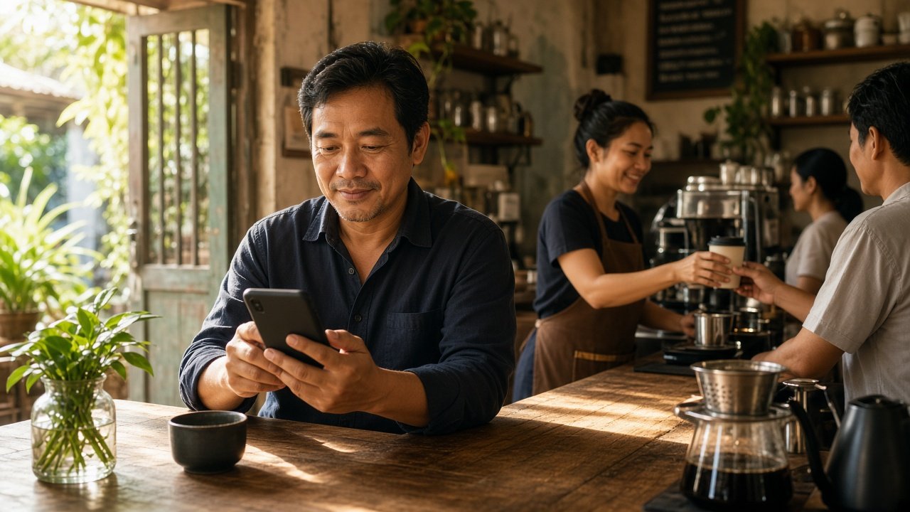 Chủ quán cà phê quản lý tiền bán hàng bằng ứng dụng ngân hàng